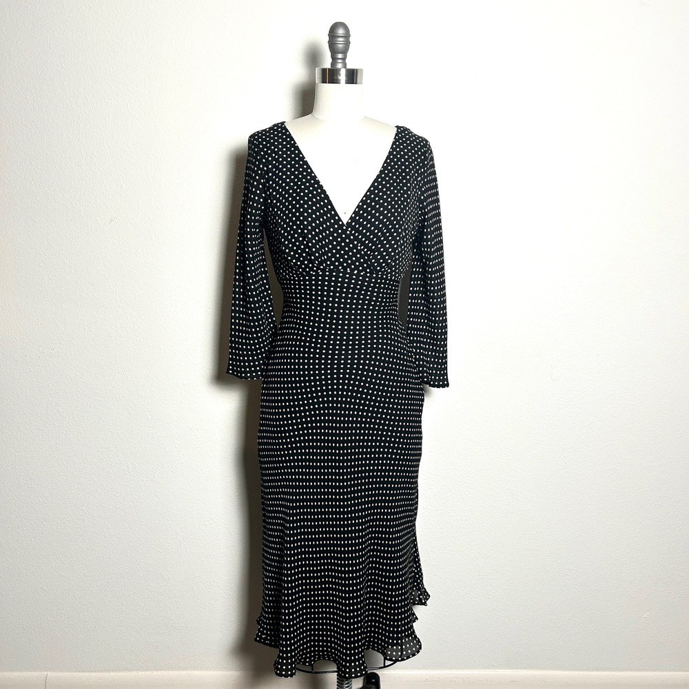 Donna Ricco Black White 100% Silk Polka Dot V-Neck Midi Dress Women 4 Vintage